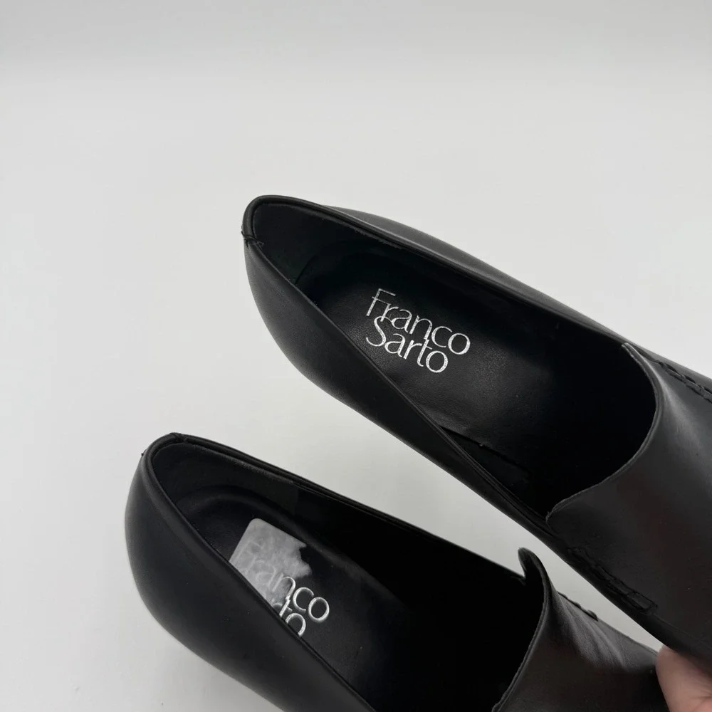 Franco‎ Sarto Nolan Pump Black Leather Block Heel Loafers High Heels Shoes 9.5